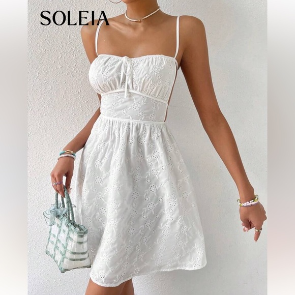 Soleia Eyelet Embroidery Tie Front Backless Cami Dress White XS Coquette - Picture 1 of 4